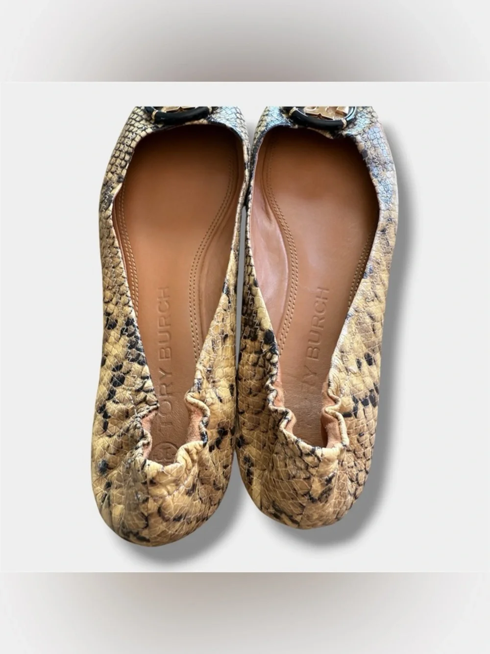 Tory Burch Snake Print Flats Gold Logo Medallion Ballet Shoes Women’s 10M